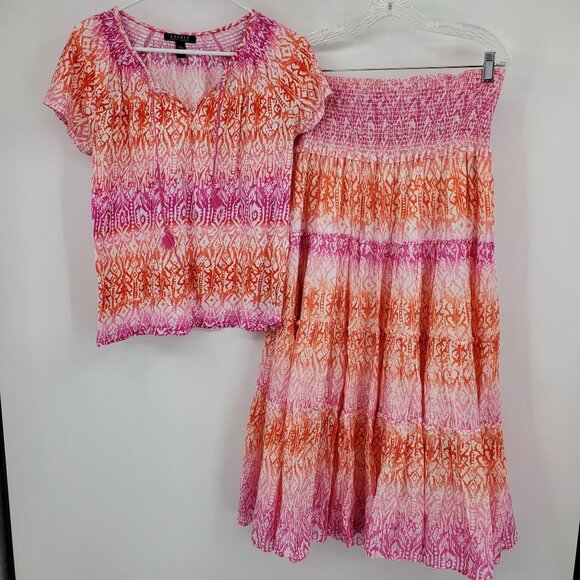 Lauren Ralph Lauren Pink and Orange Tiered Peasant Skirt Boho Skirt Outfit Large - Picture 1 of 9